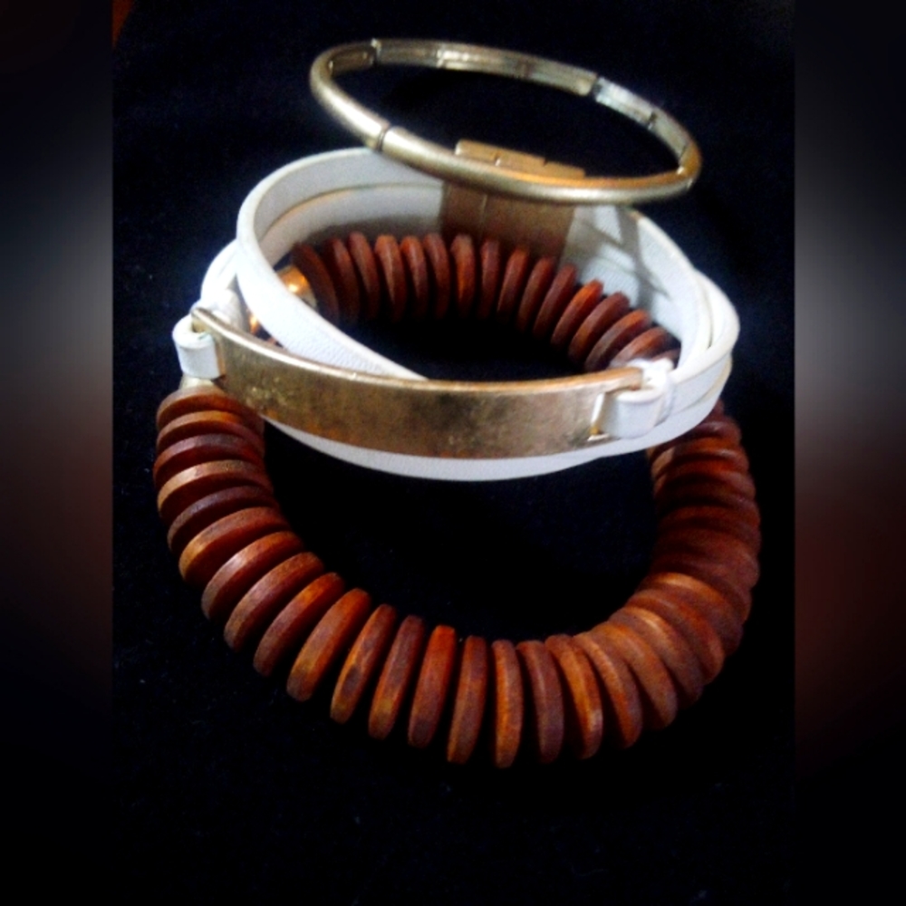 Bohemian wood leather and metal 3 piece stackable bracelets Earth tones